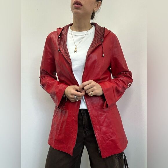 Kircilar Reversible Red Plaid Leather Coat Hooded Lightweight Size S - Picture 6 of 14